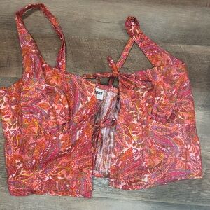 Paisley Tie-Front Crop Tank Top - Pink/Orange